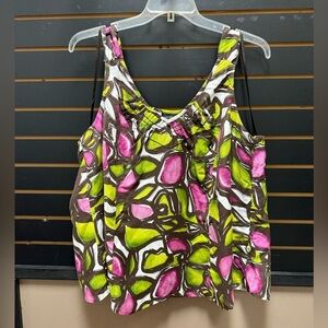 Lane Bryant Pink and Green Ruffled Relaxed Tank Top